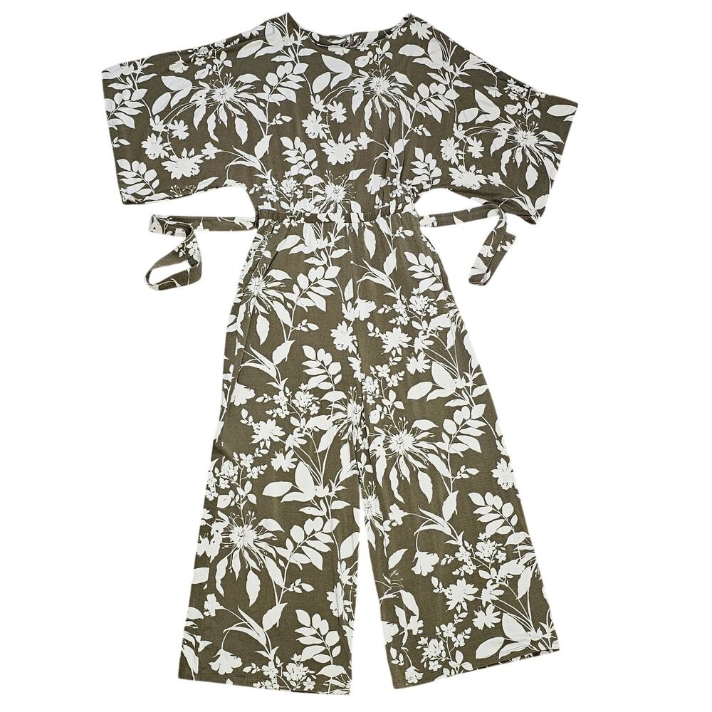 Garnet Hill olive cream plant print jumpsuit glam casual pockets Medium